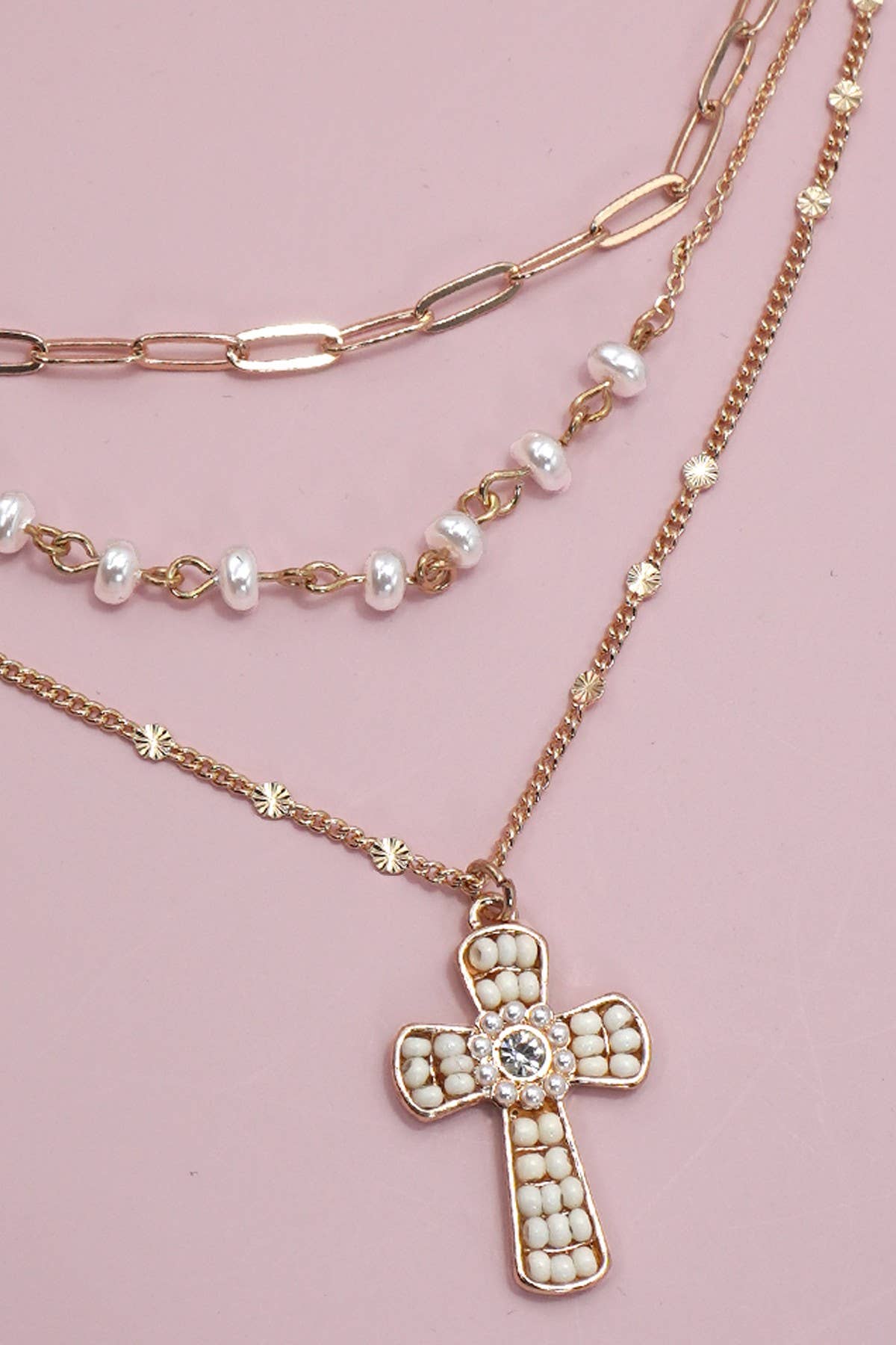 Beaded Cross Layered Necklace