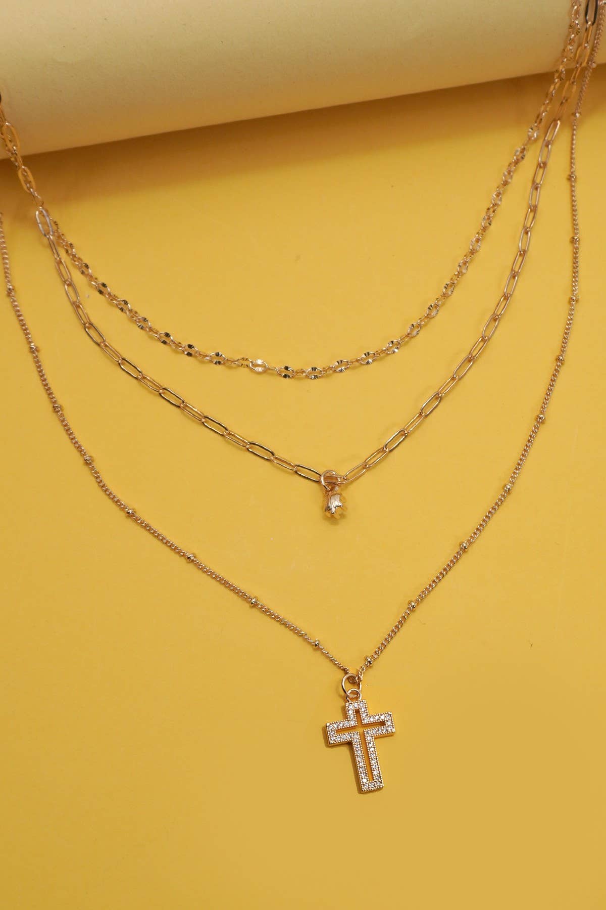 MULTI LAYER SET RHINESTONE CROSS PENDANT NECKLACE