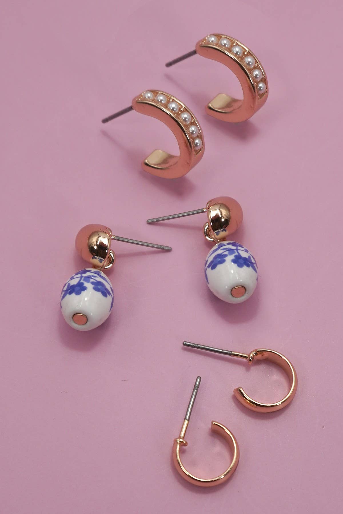 Blue Ceramic Pearl Huggie Trio Earrings