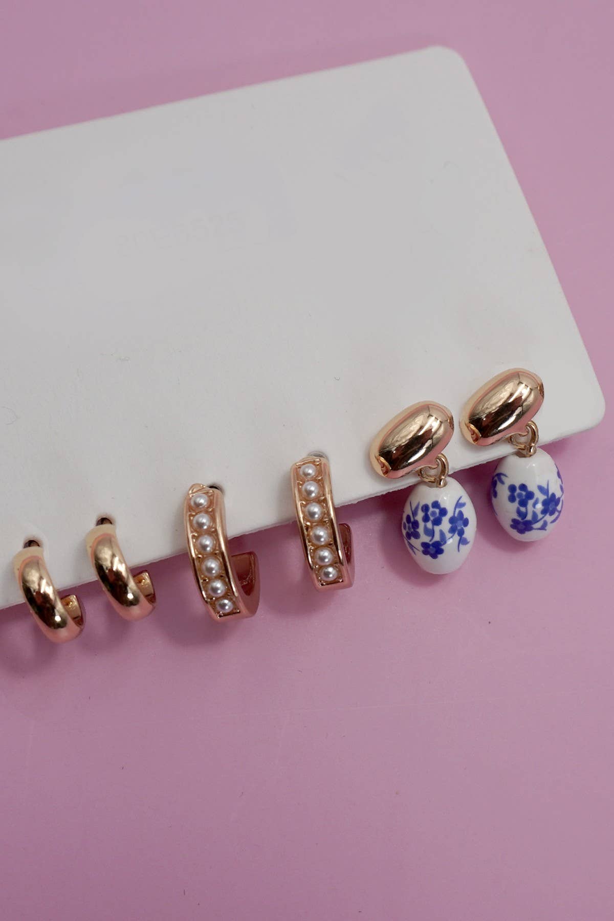 Blue Ceramic Pearl Huggie Trio Earrings