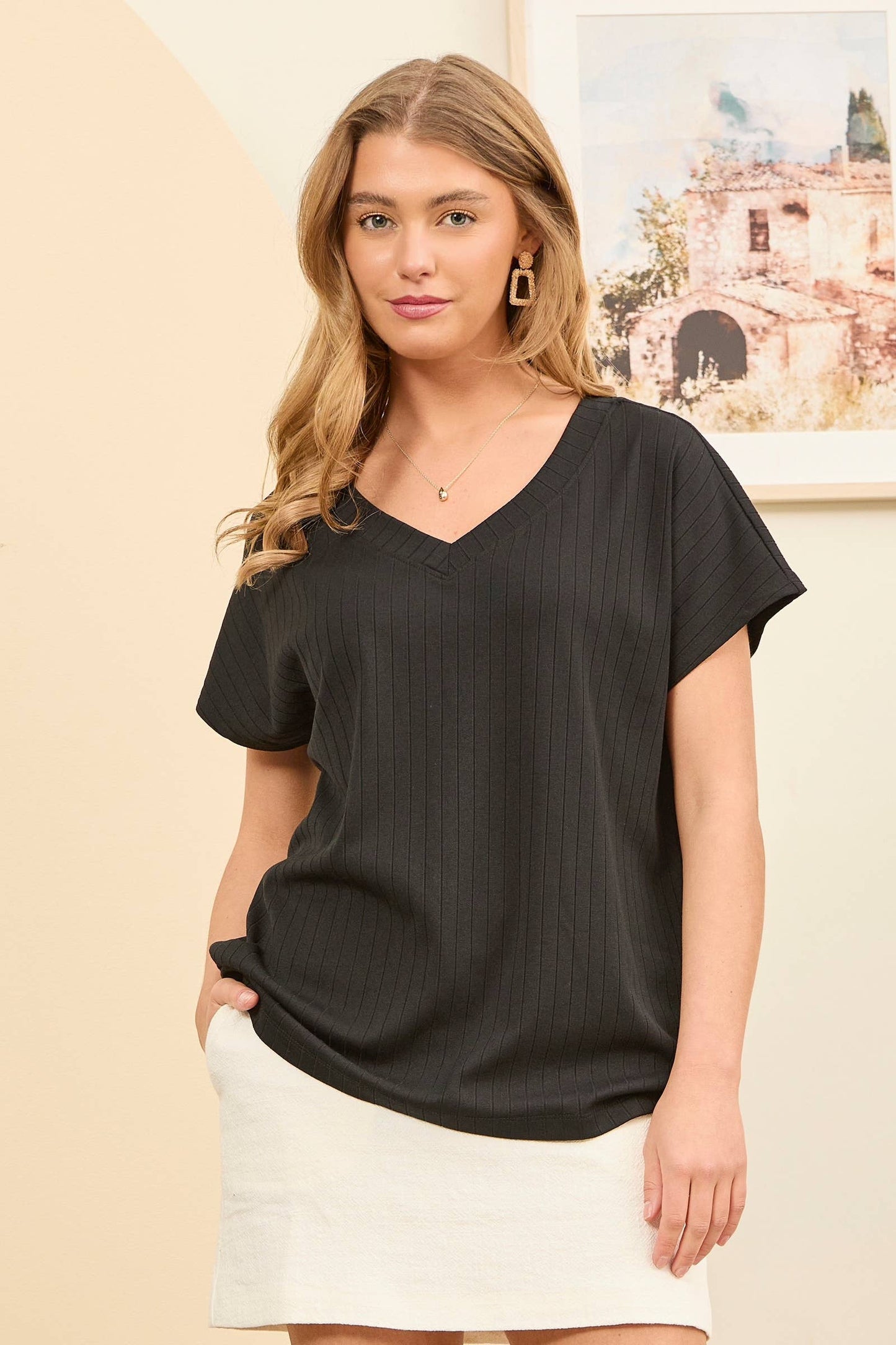 Camille Ribbed V Neck Top
