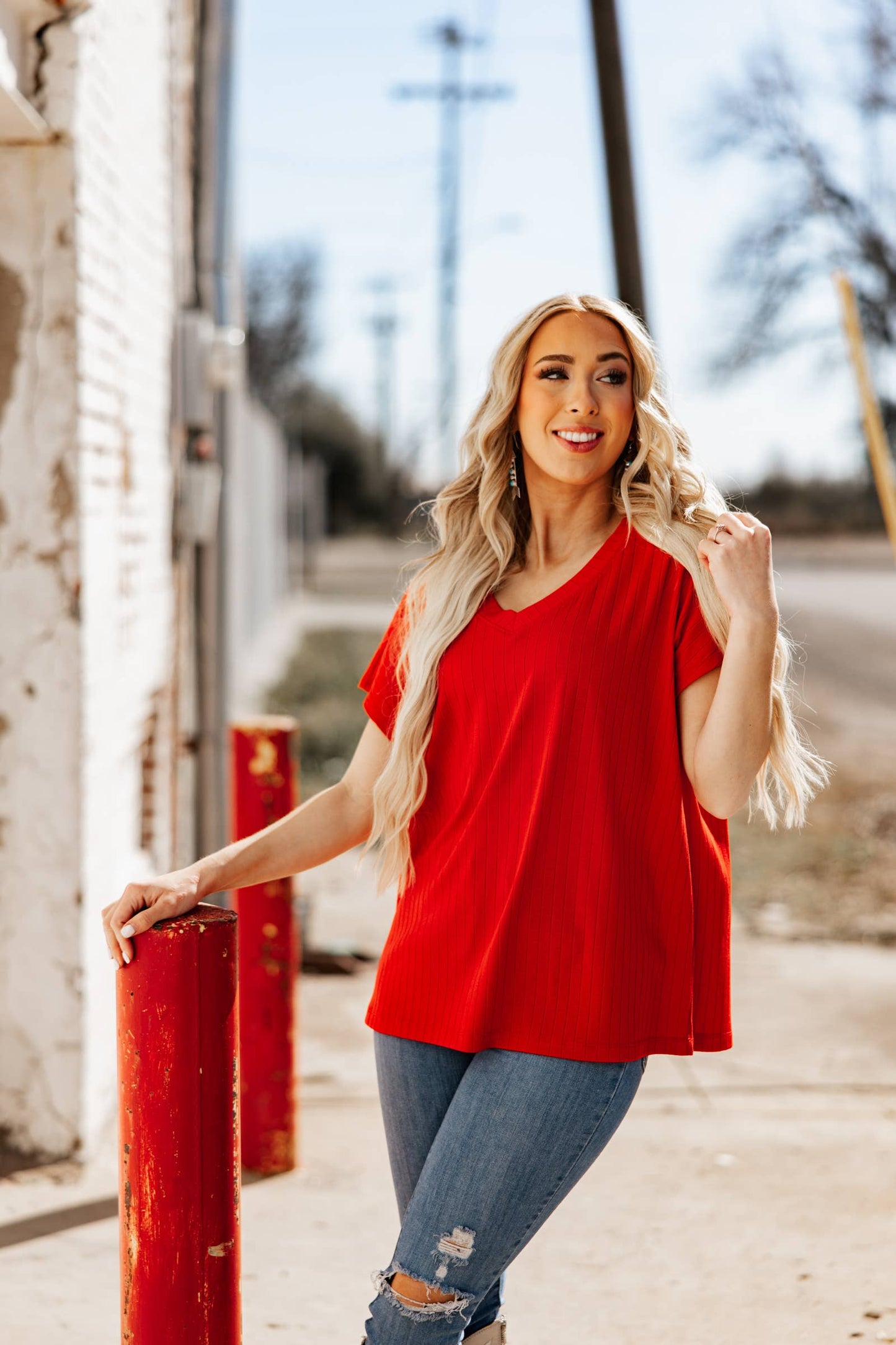 Camille Ribbed V Neck Top