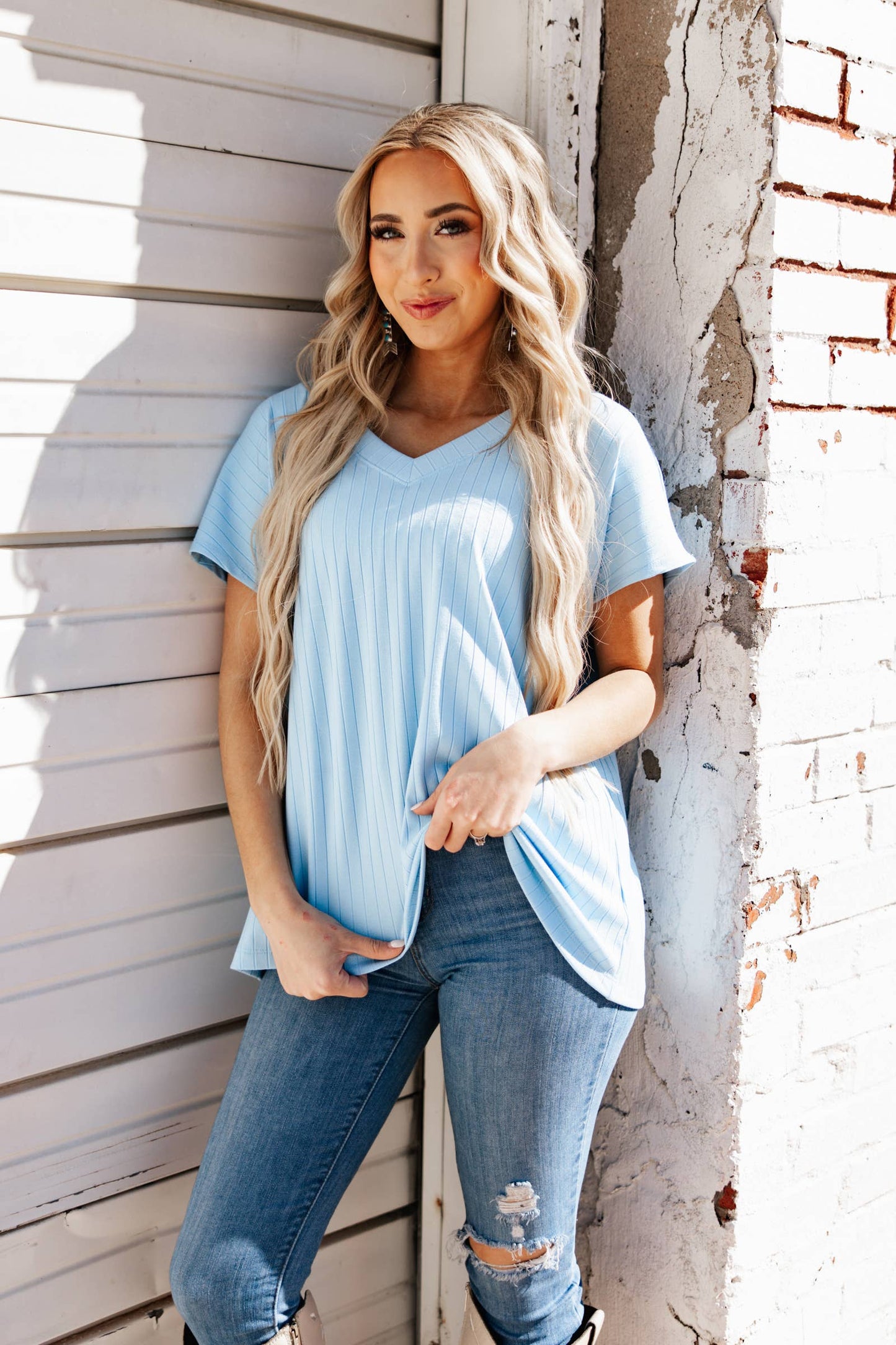 Camille Ribbed V Neck Top