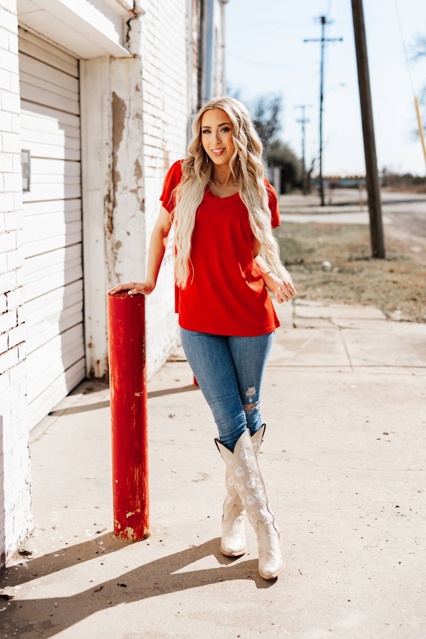 Camille Ribbed V Neck Top