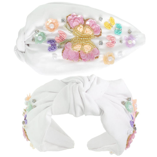 Butterfly Beaded Top Knot Headband - White