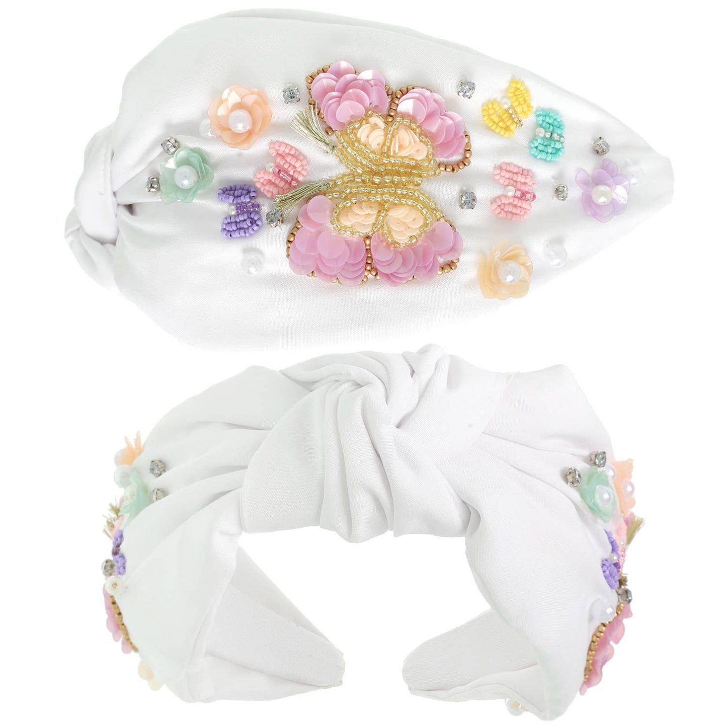 Butterfly Beaded Top Knot Headband - White