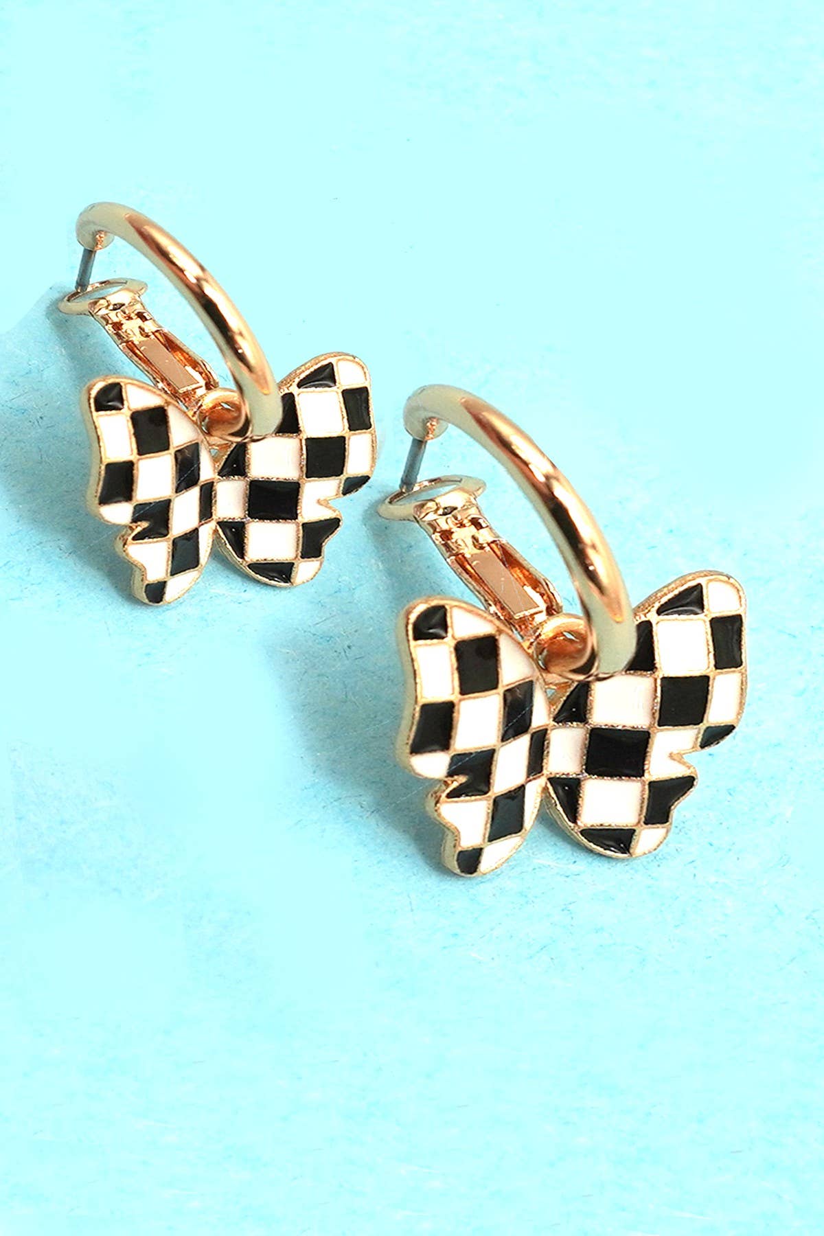 CHECKER BUTTERFLY HUGGIE HOOP DROP EARRINGS