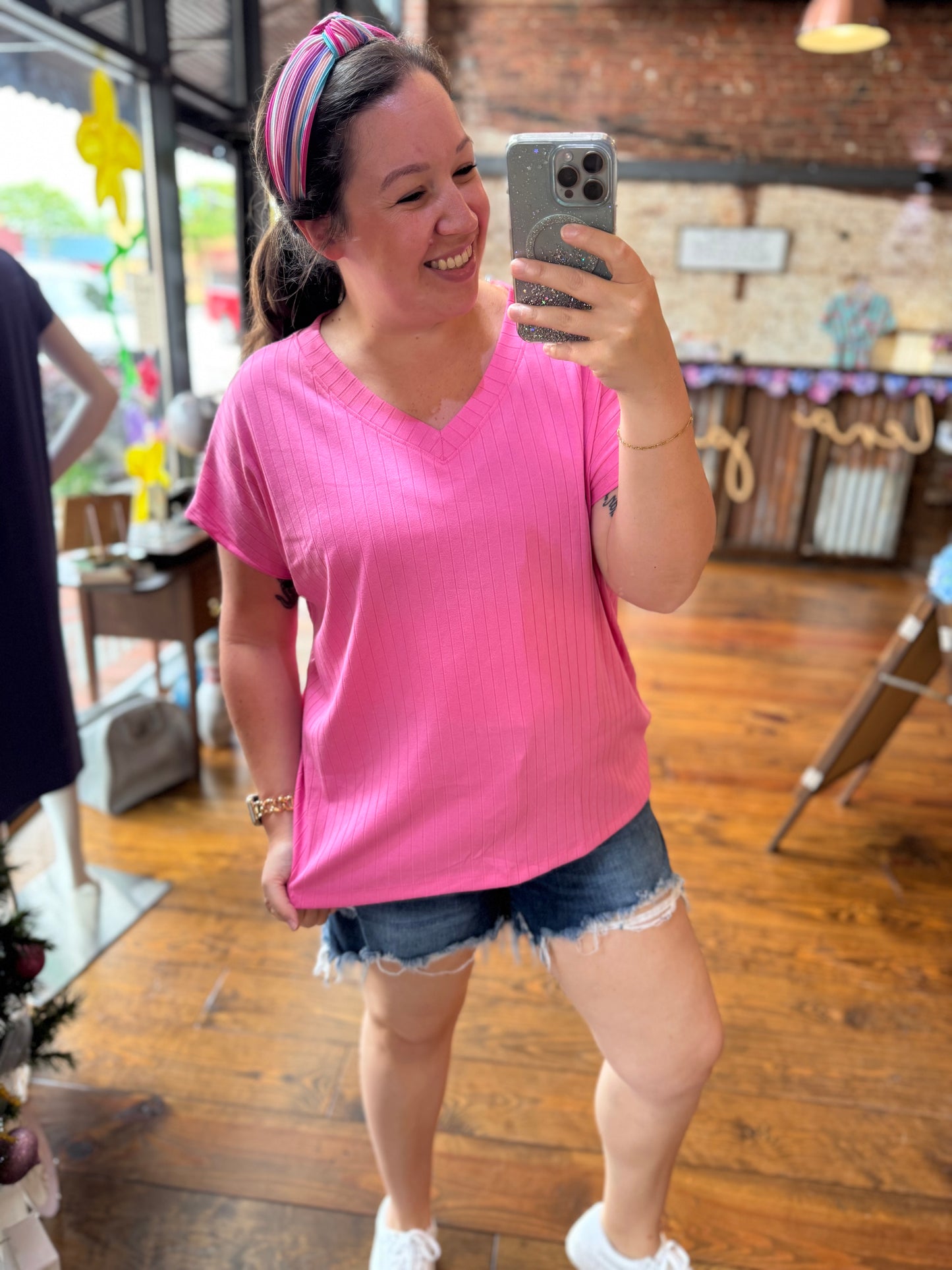 Camille Ribbed V Neck Top