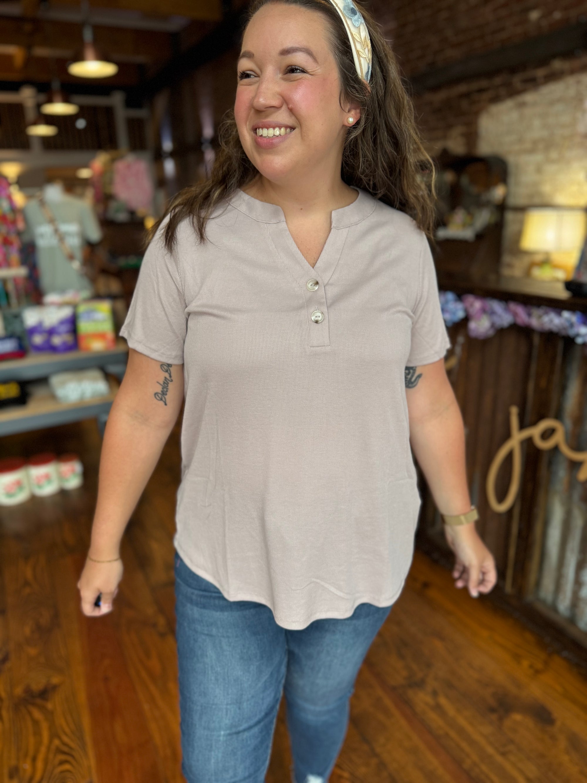 Russ Ribbed Boyfriend Button Top