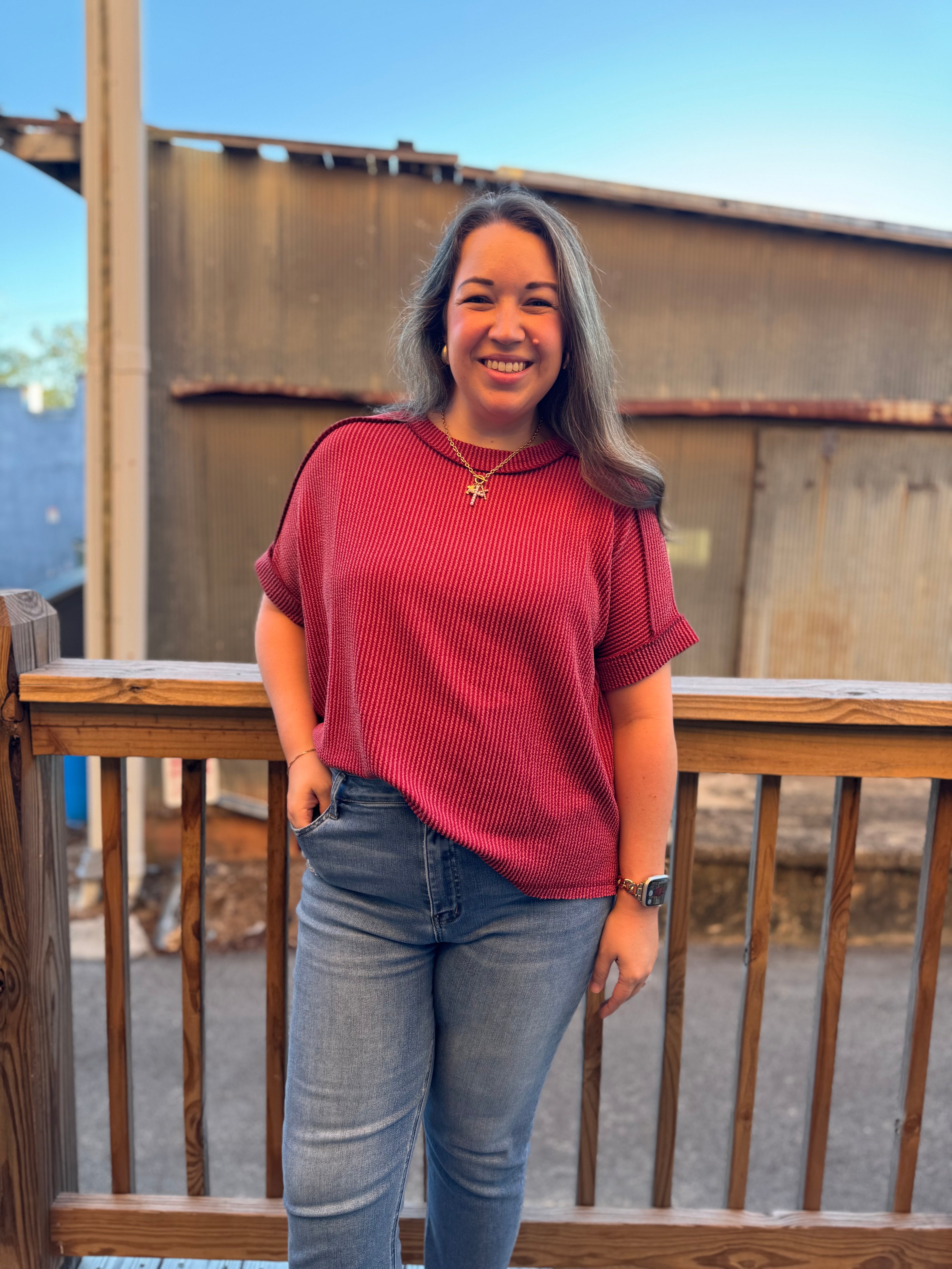 Sunny Ribbed Knit Top in Burgundy