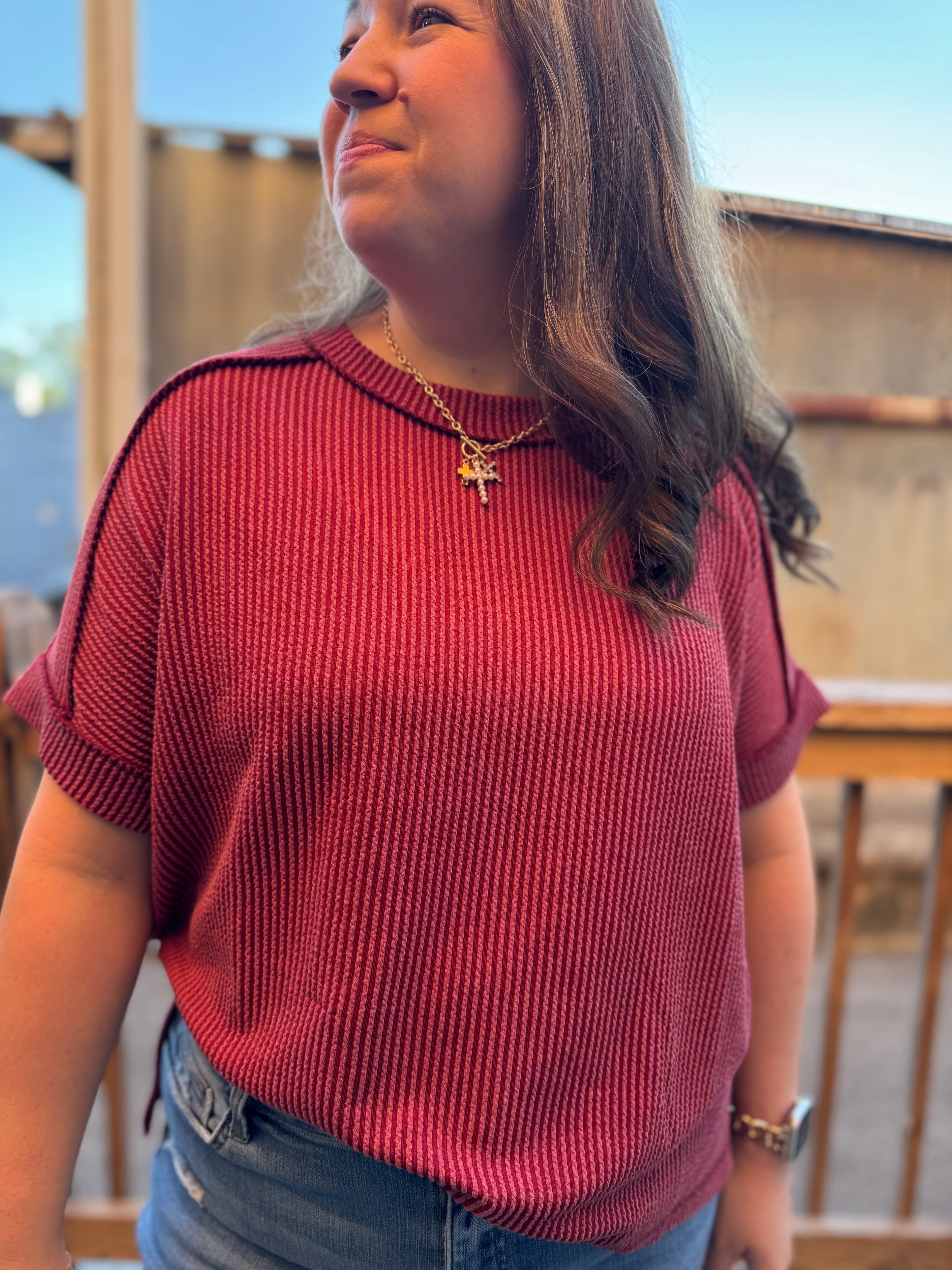 Sunny Ribbed Knit Top in Burgundy