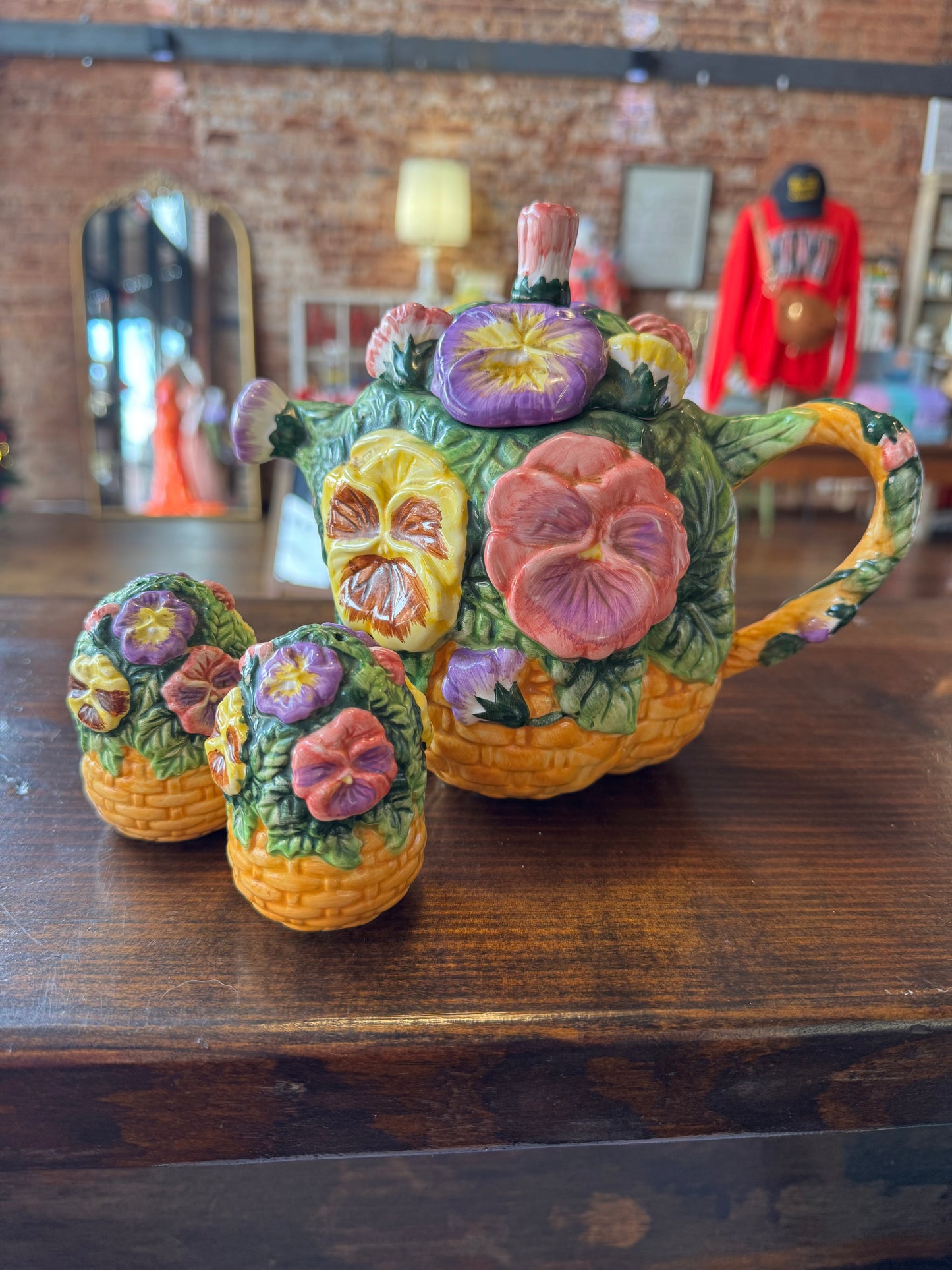 Vintage Pansy Teapot & Salt and Pepper Shakers Set