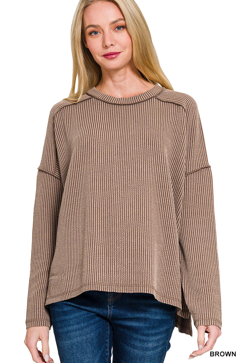 Simple Long Sleeve Ribbed Knit Top - Brown
