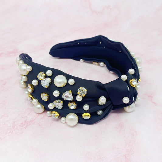 Winslet Jeweled Satin Headband - Black