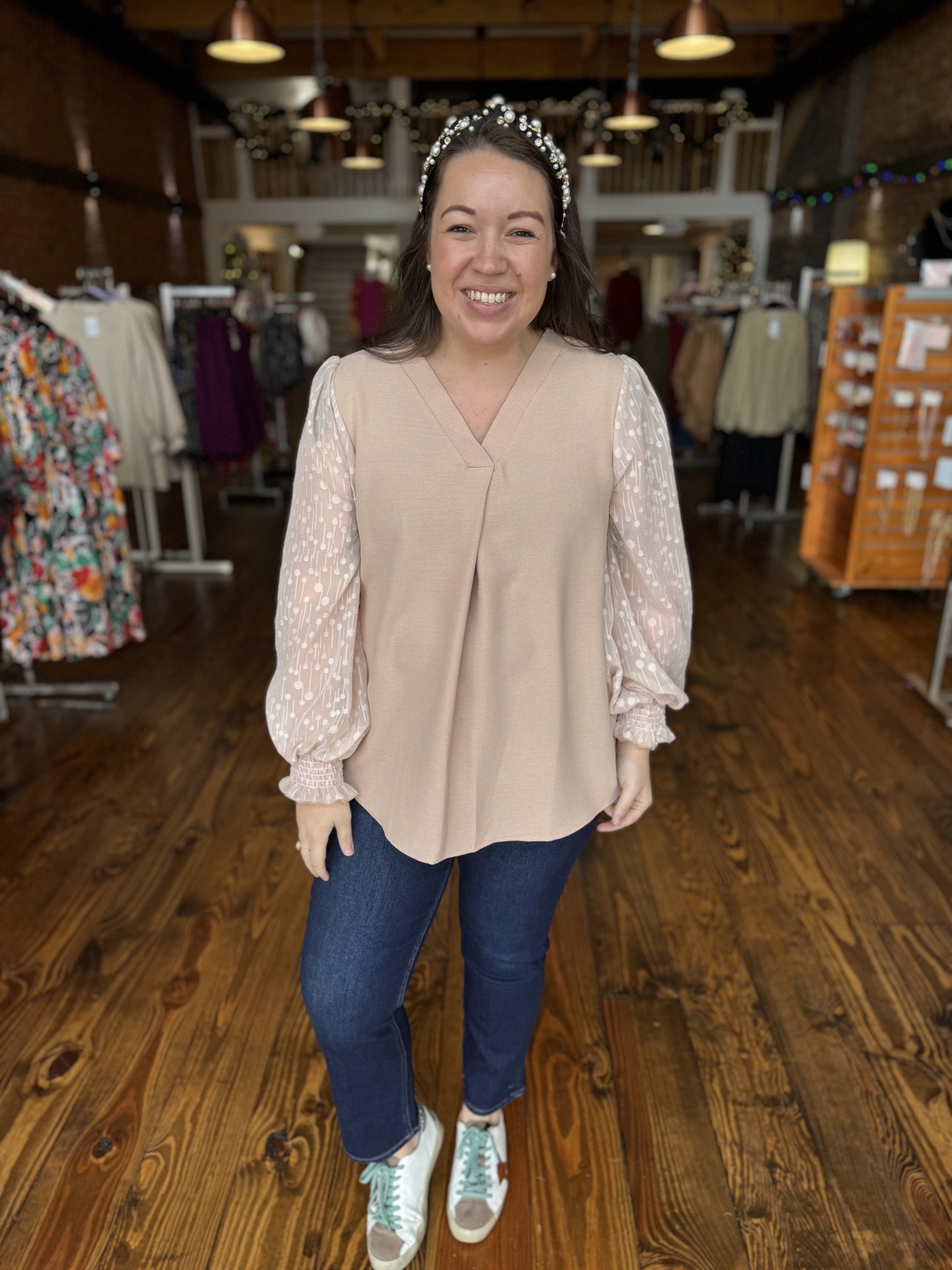 Taupe Blouse with Contrast Bubble Sleeves
