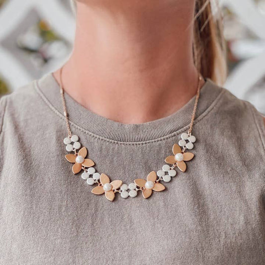 Two Tone Pearl Flower Statement Necklace