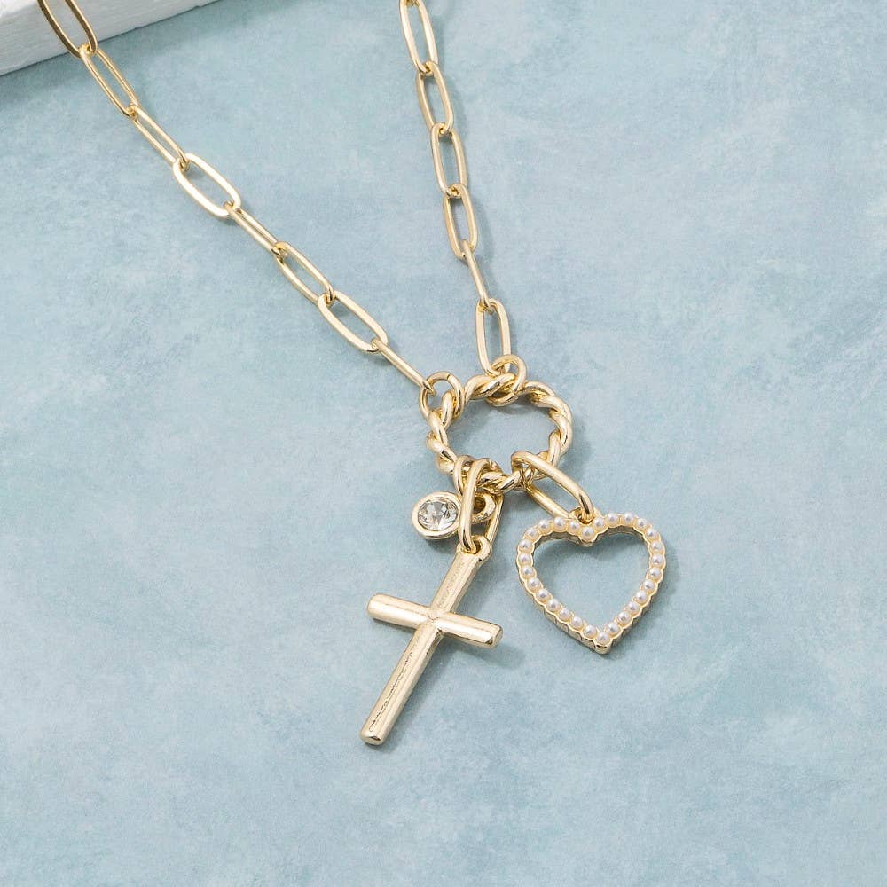 Heart Cross And Gem Necklace