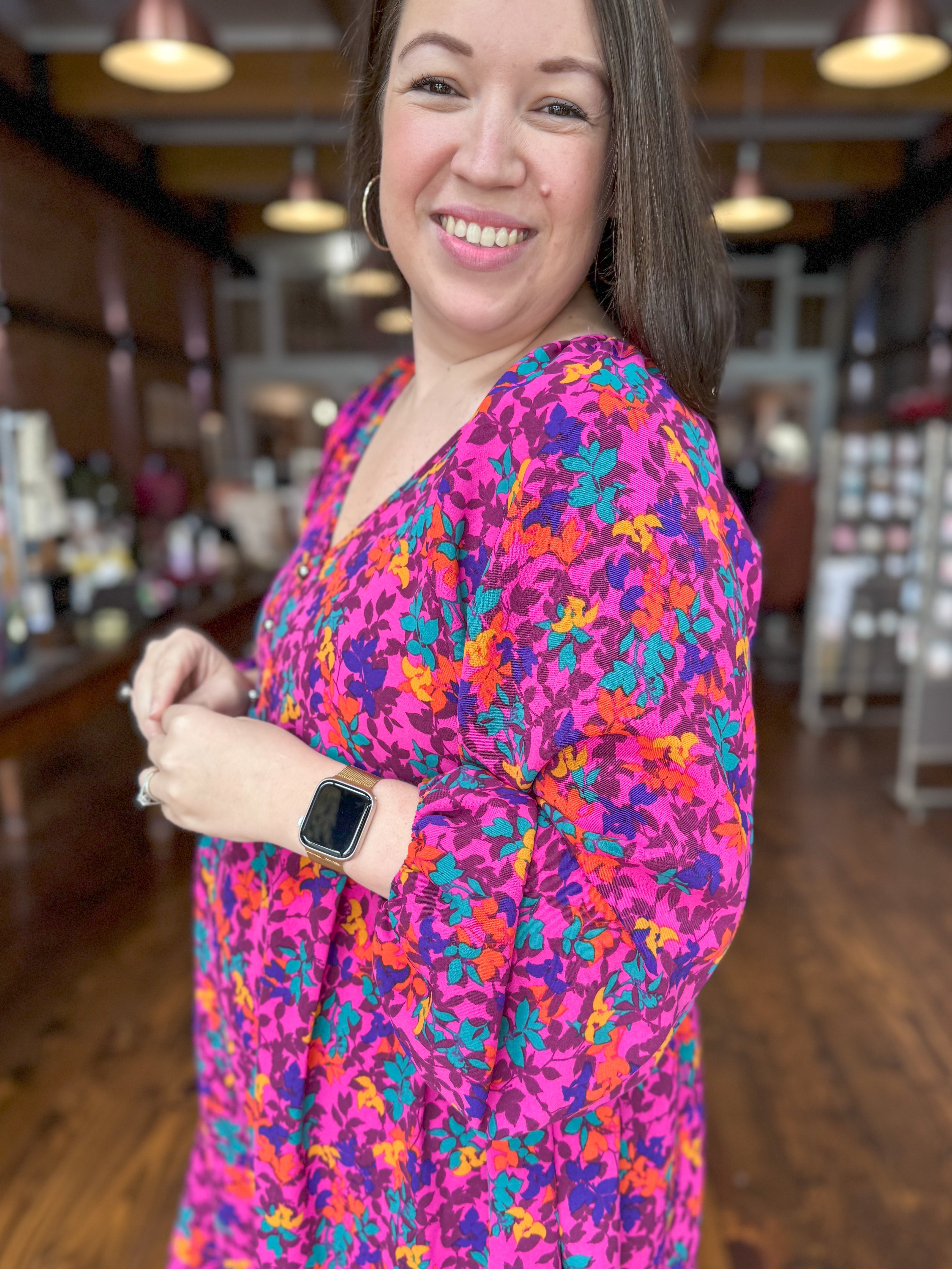 Magenta Leafy Floral Babydoll Dress