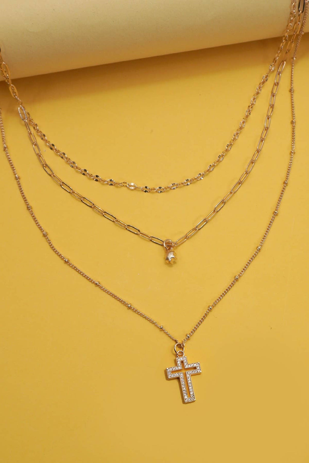 MULTI LAYER SET RHINESTONE CROSS PENDANT NECKLACE