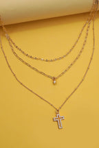 MULTI LAYER SET RHINESTONE CROSS PENDANT NECKLACE