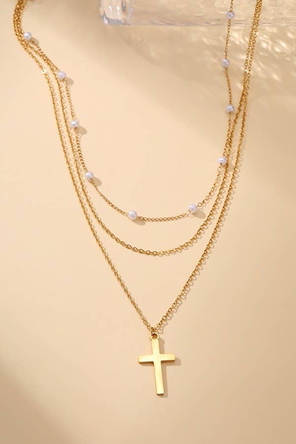 Layered Pearl and Cross Necklace