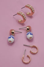 Blue Ceramic Pearl Huggie Trio Earrings