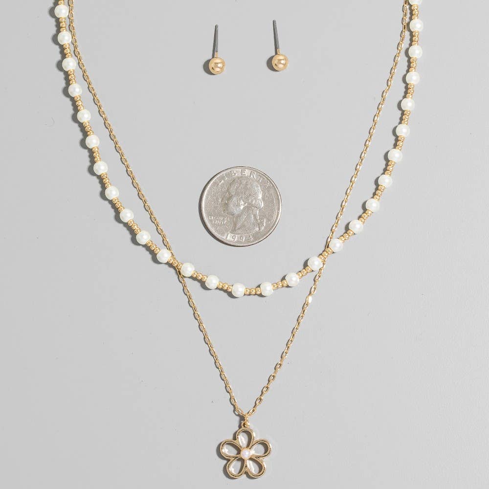 Flower Pendant Pearl Beaded Layered Necklace Set