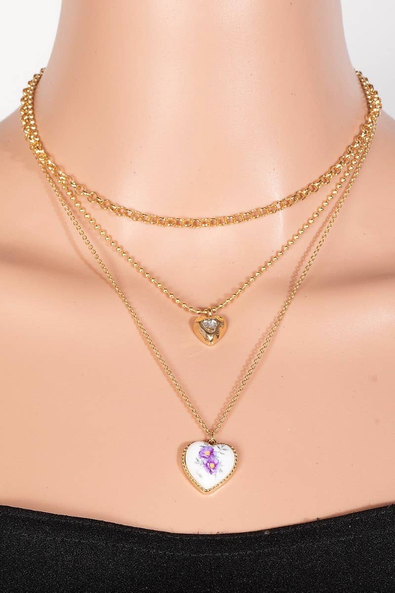 Floral Ceramic Heart Pendant Layered Necklace