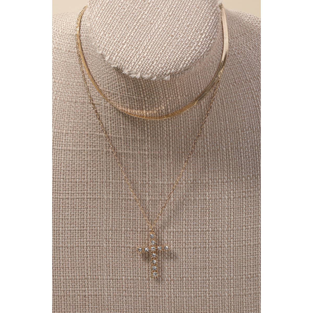 Studded Cross Pendant Layered Chain Necklace