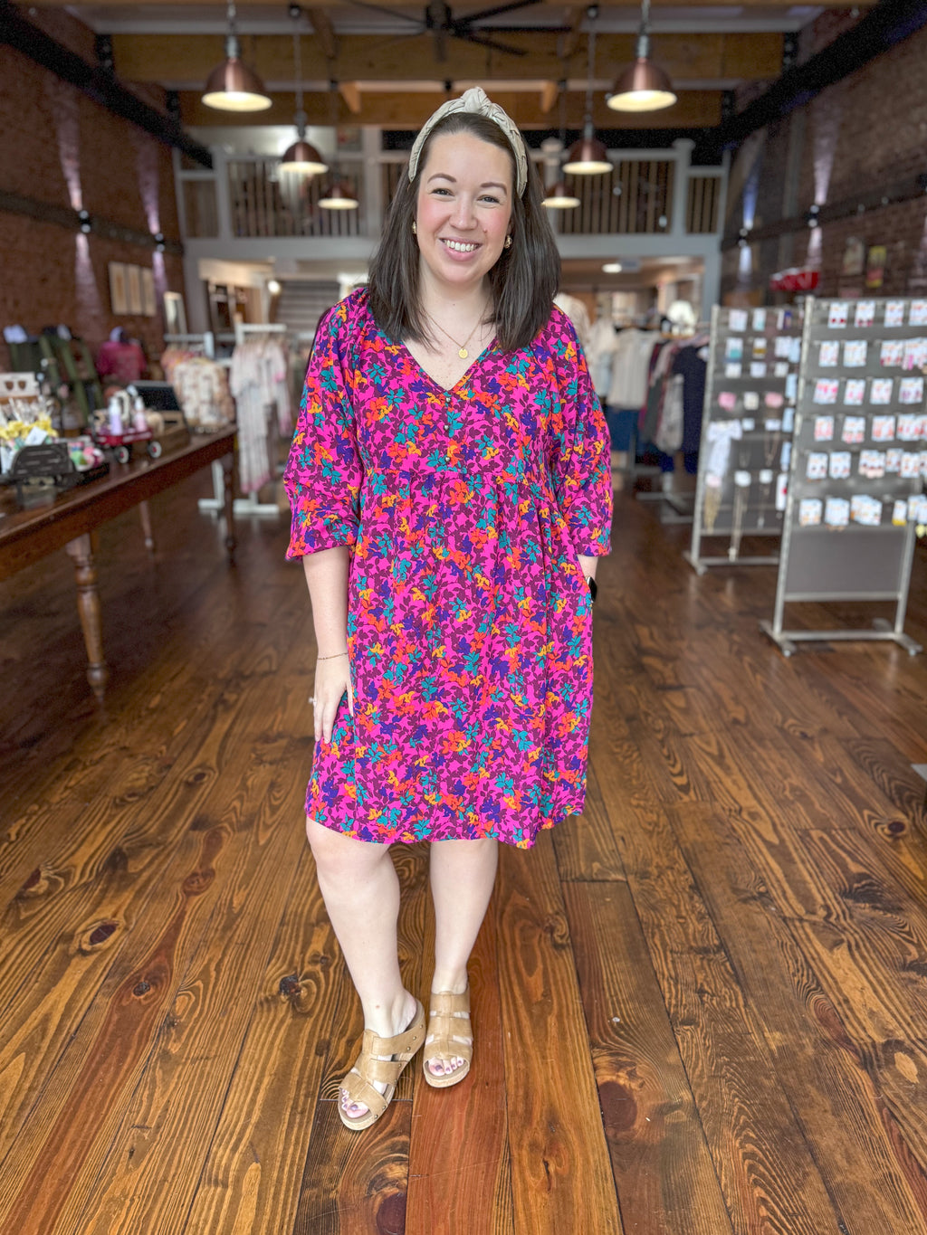 Magenta Leafy Floral Babydoll Dress