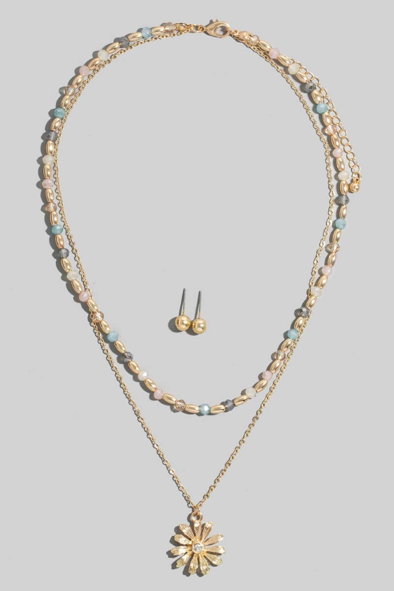 Flower Pendant Mixed Beaded Layered Necklace