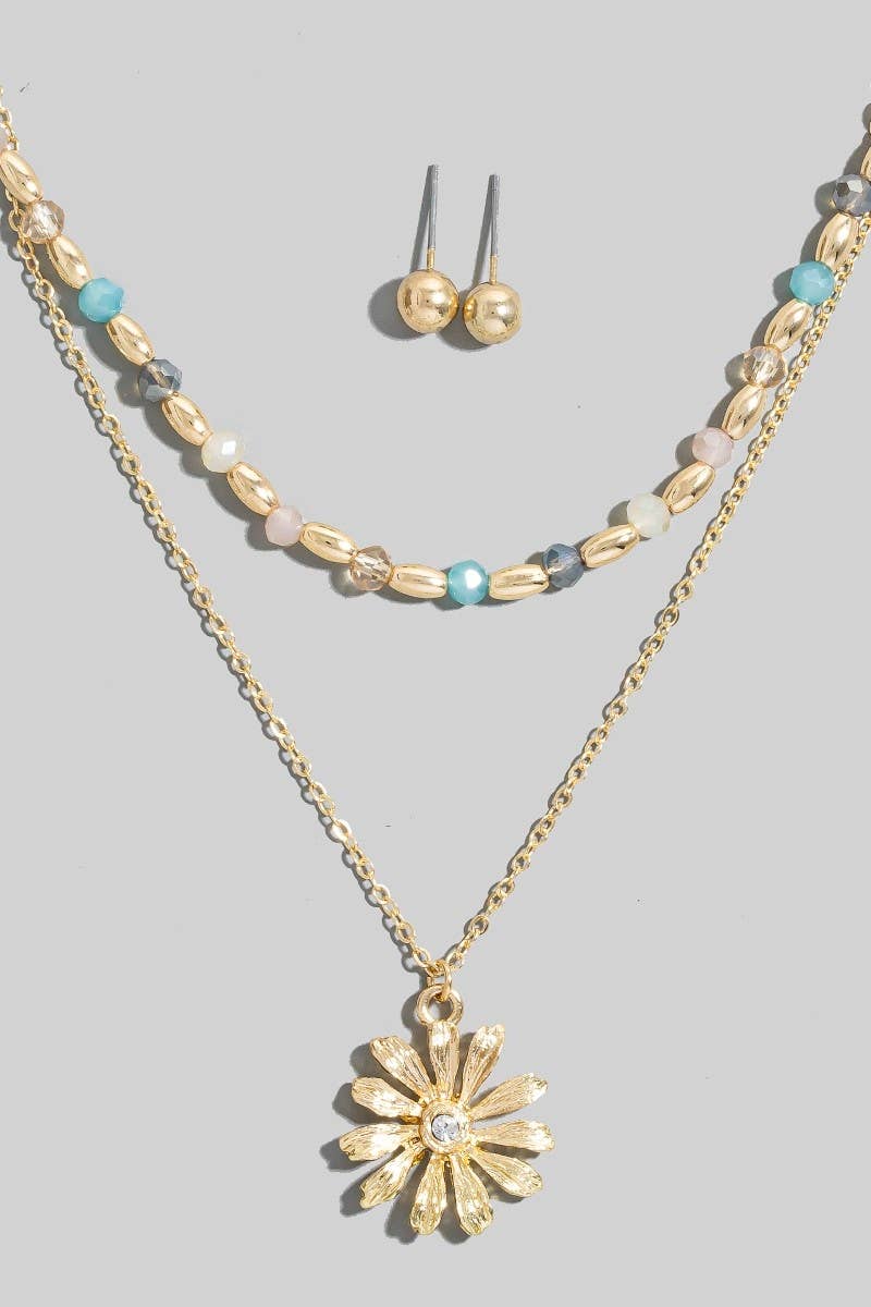 Flower Pendant Mixed Beaded Layered Necklace