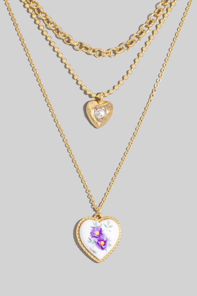 Floral Ceramic Heart Pendant Layered Necklace