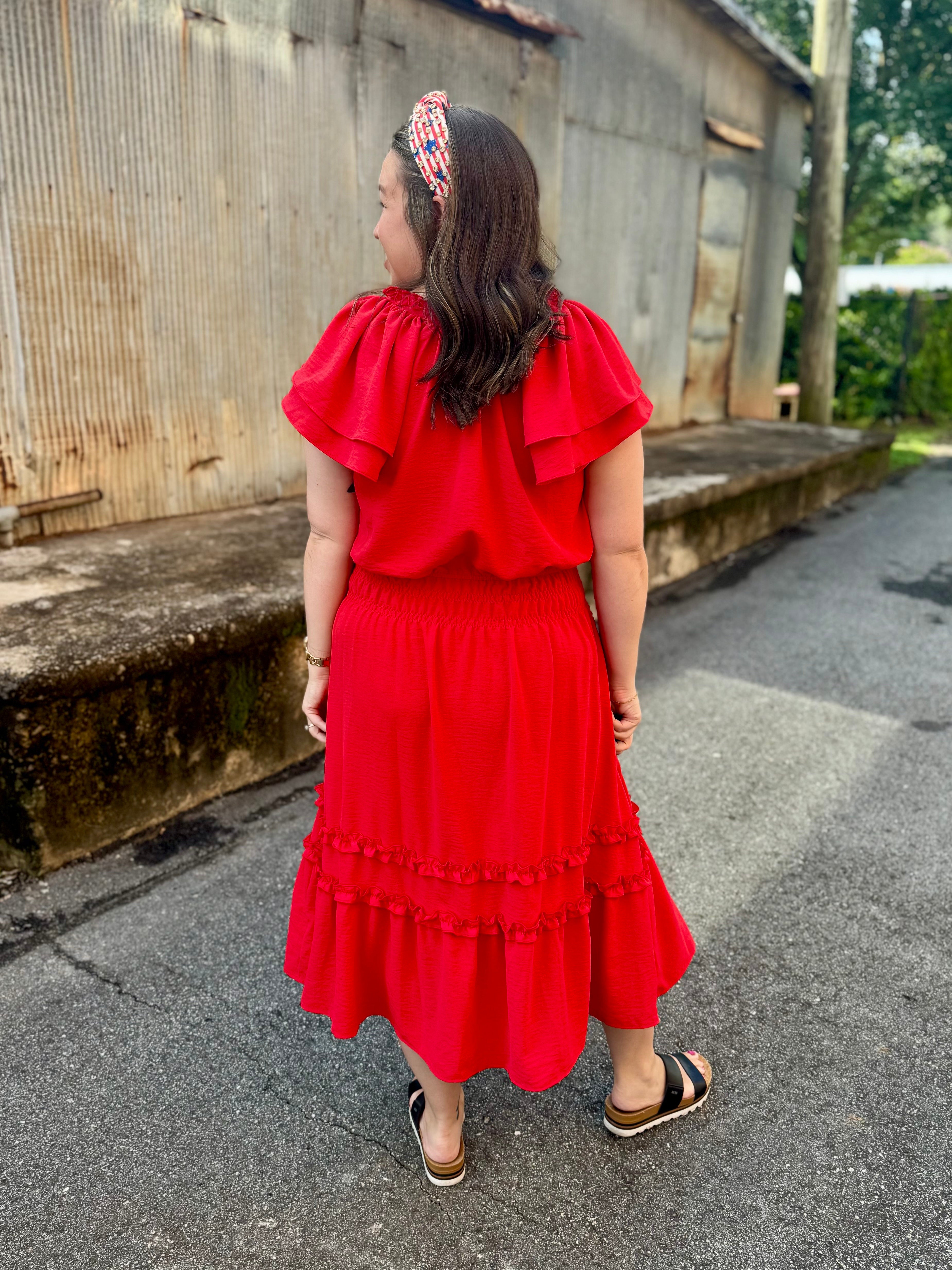 Ruffled in Red Midi Dress