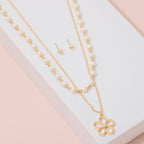 Flower Pendant Pearl Beaded Layered Necklace Set