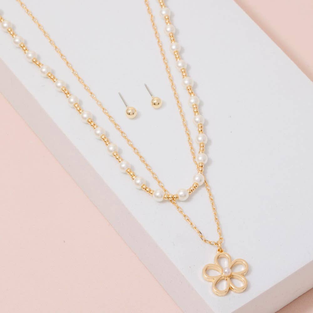 Flower Pendant Pearl Beaded Layered Necklace Set
