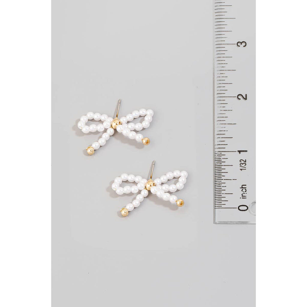 Pearl Beaded Bow Stud Earrings