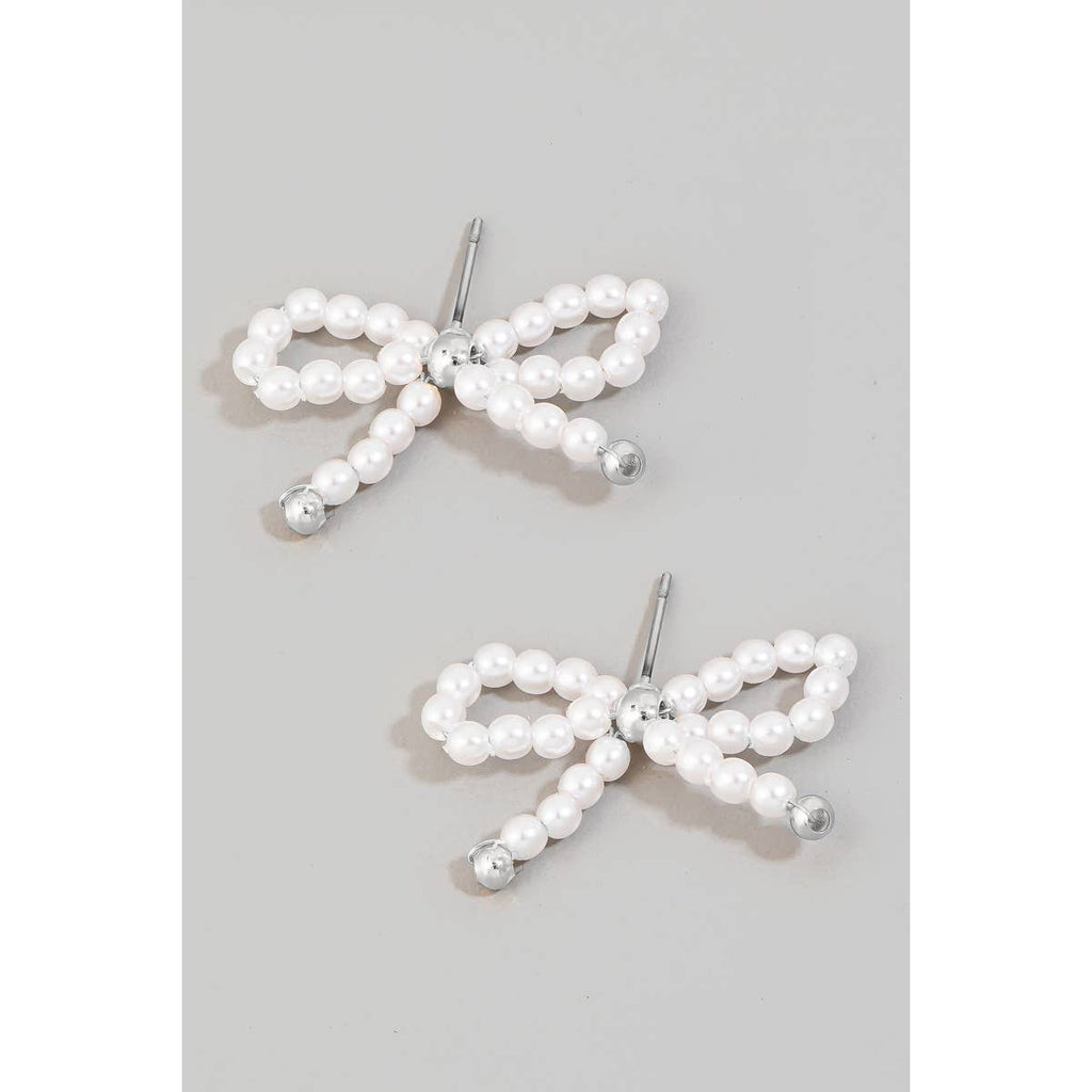 Pearl Beaded Bow Stud Earrings