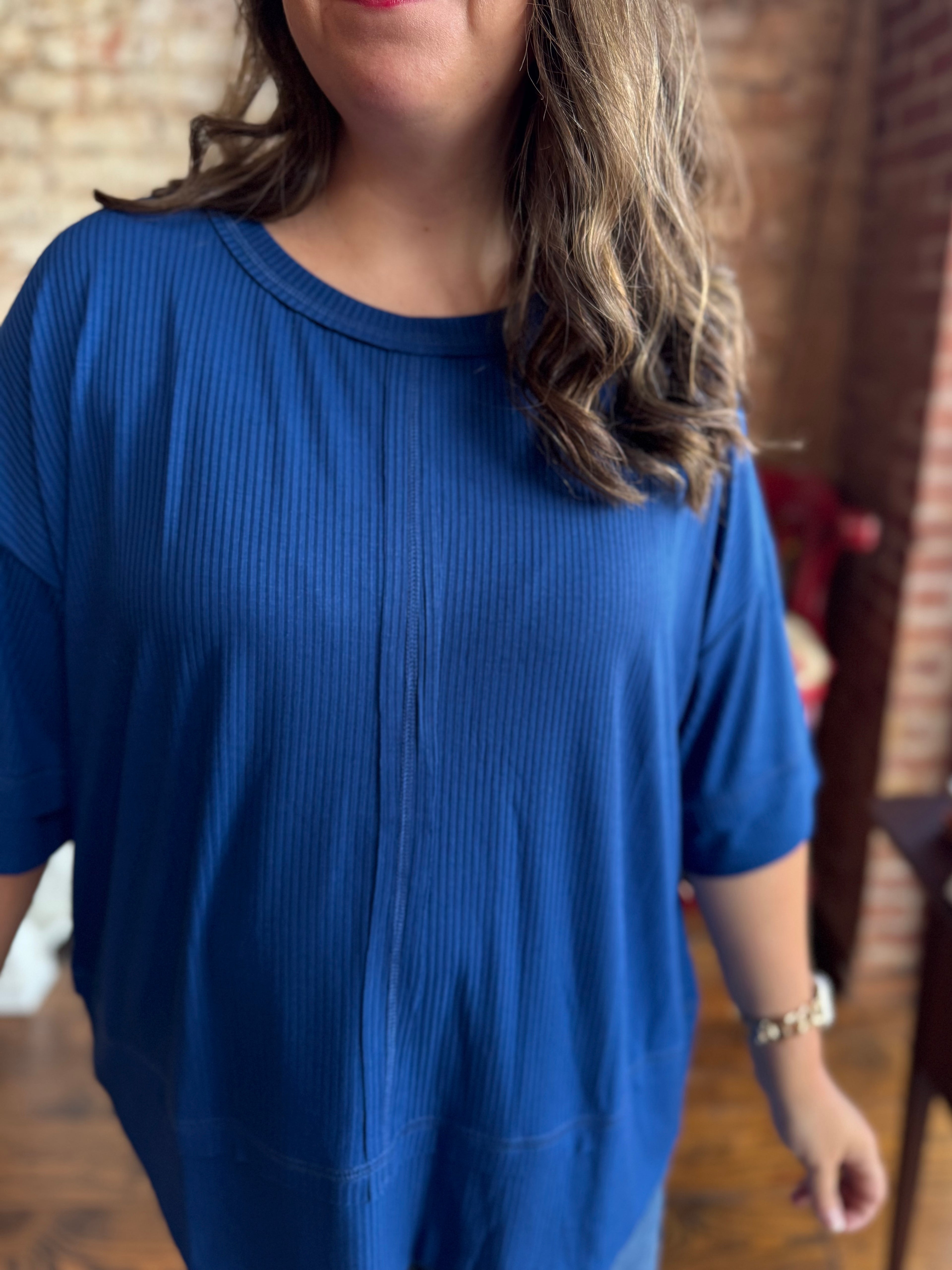 Simple Oversized Ribbed Knit Top in Light Navy