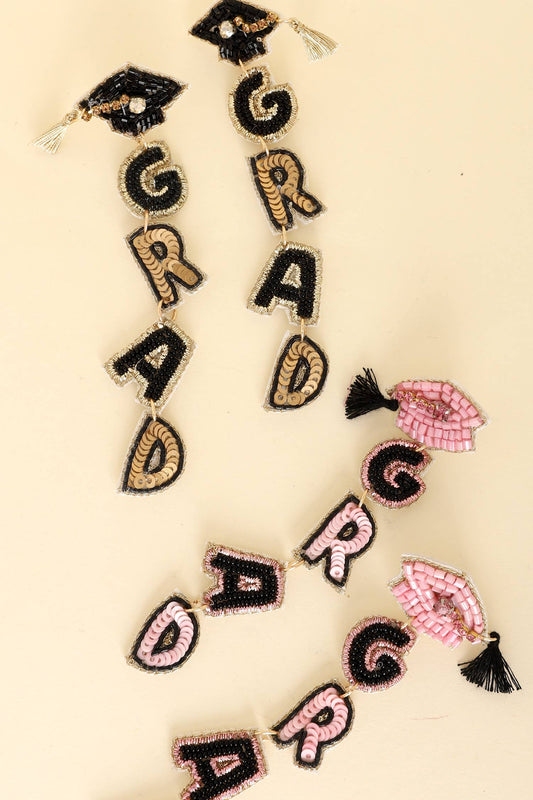 Grad Letter Beaded Sequins Graduate Cap Earrings