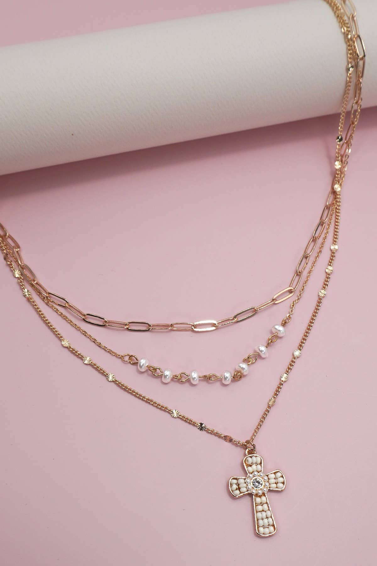 Beaded Cross Layered Necklace