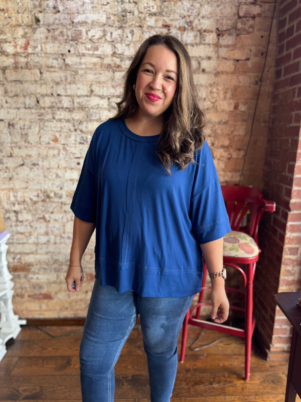 Simple Oversized Ribbed Knit Top in Light Navy