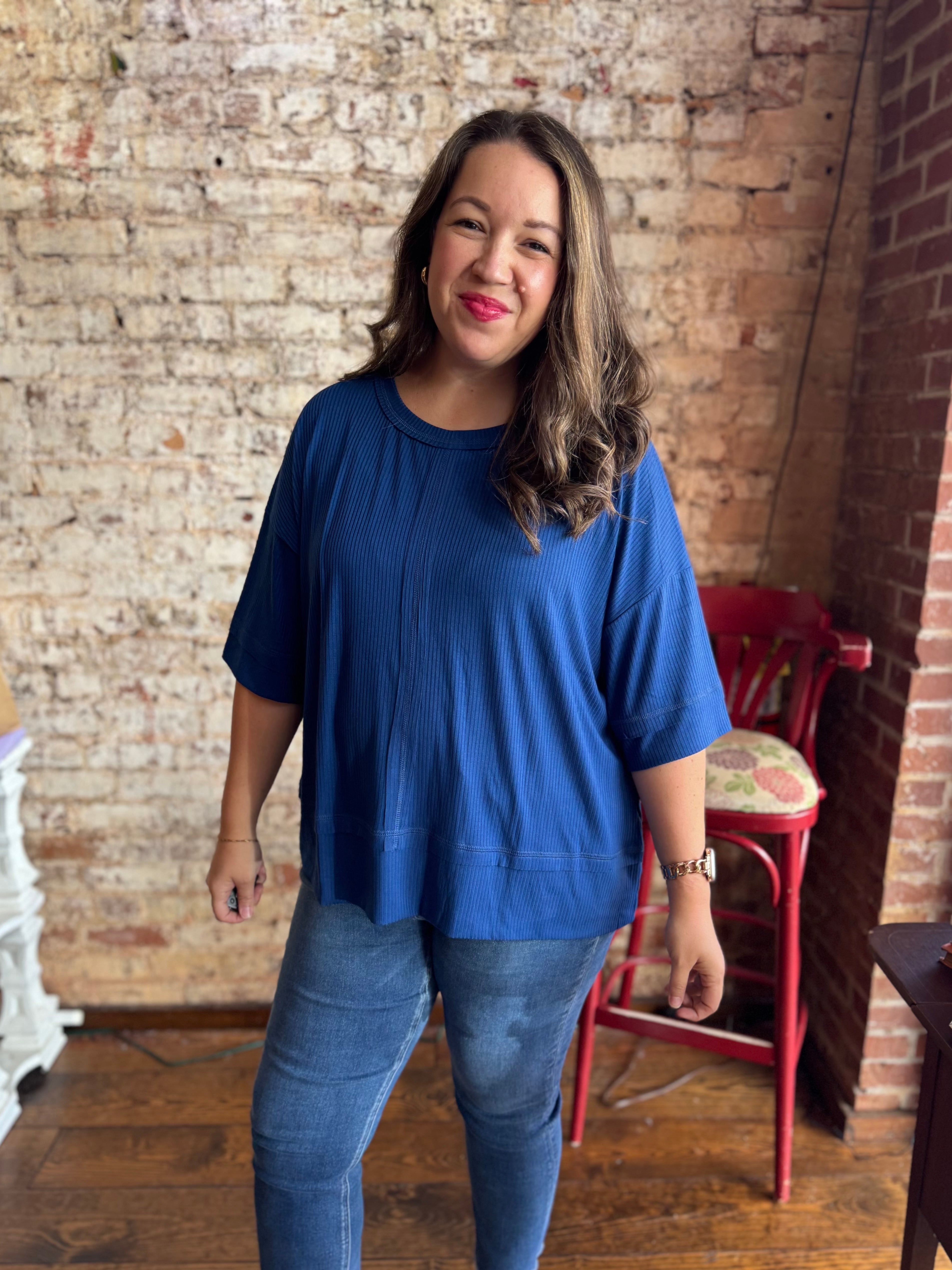 Simple Oversized Ribbed Knit Top in Light Navy
