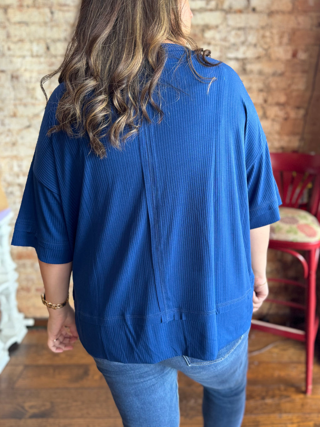 Simple Oversized Ribbed Knit Top in Light Navy