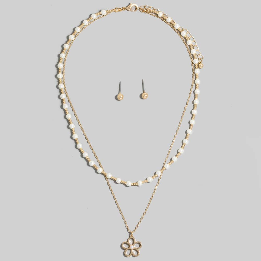 Flower Pendant Pearl Beaded Layered Necklace Set