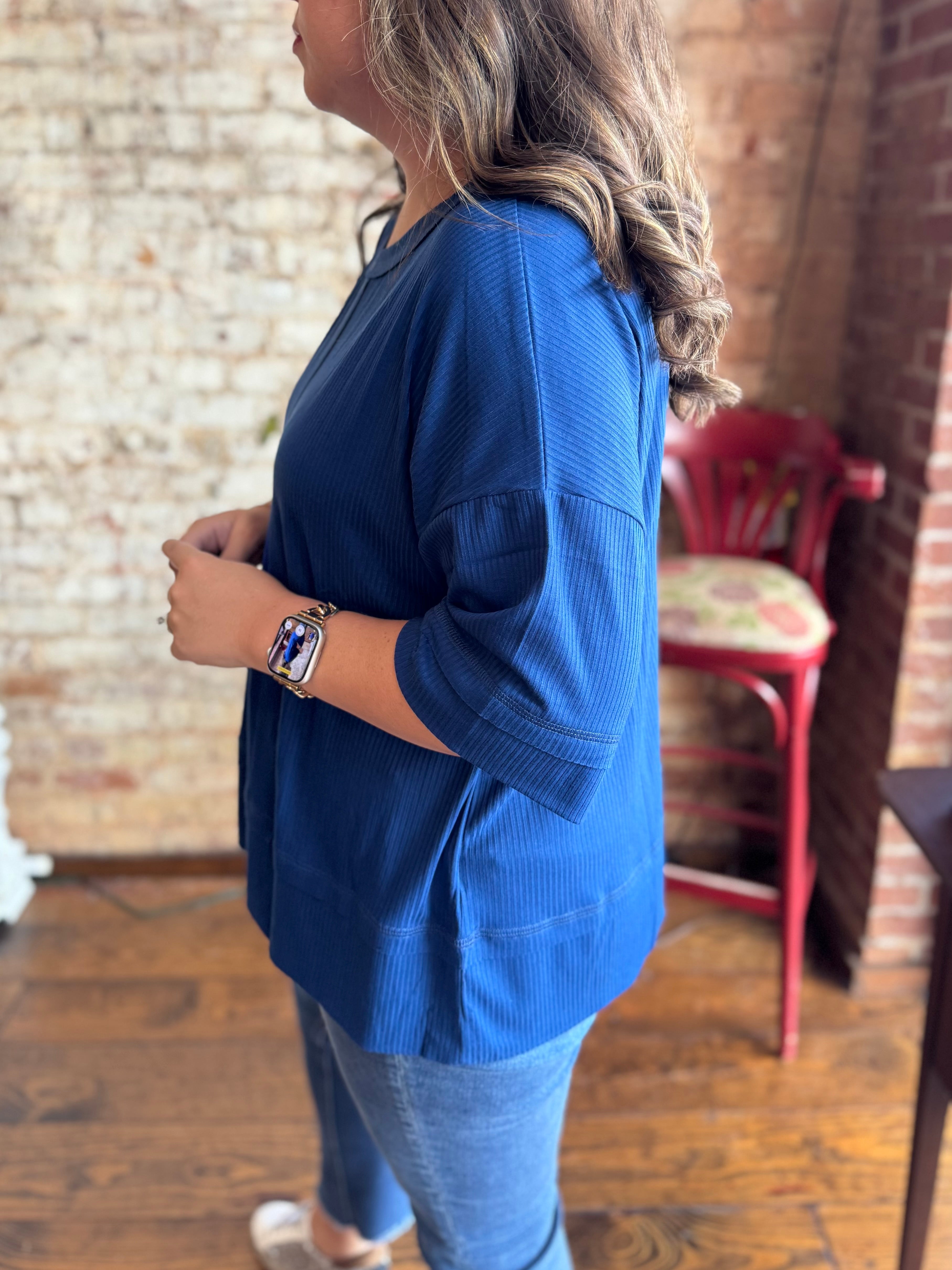 Simple Oversized Ribbed Knit Top in Light Navy