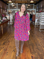 Magenta Leafy Floral Babydoll Dress
