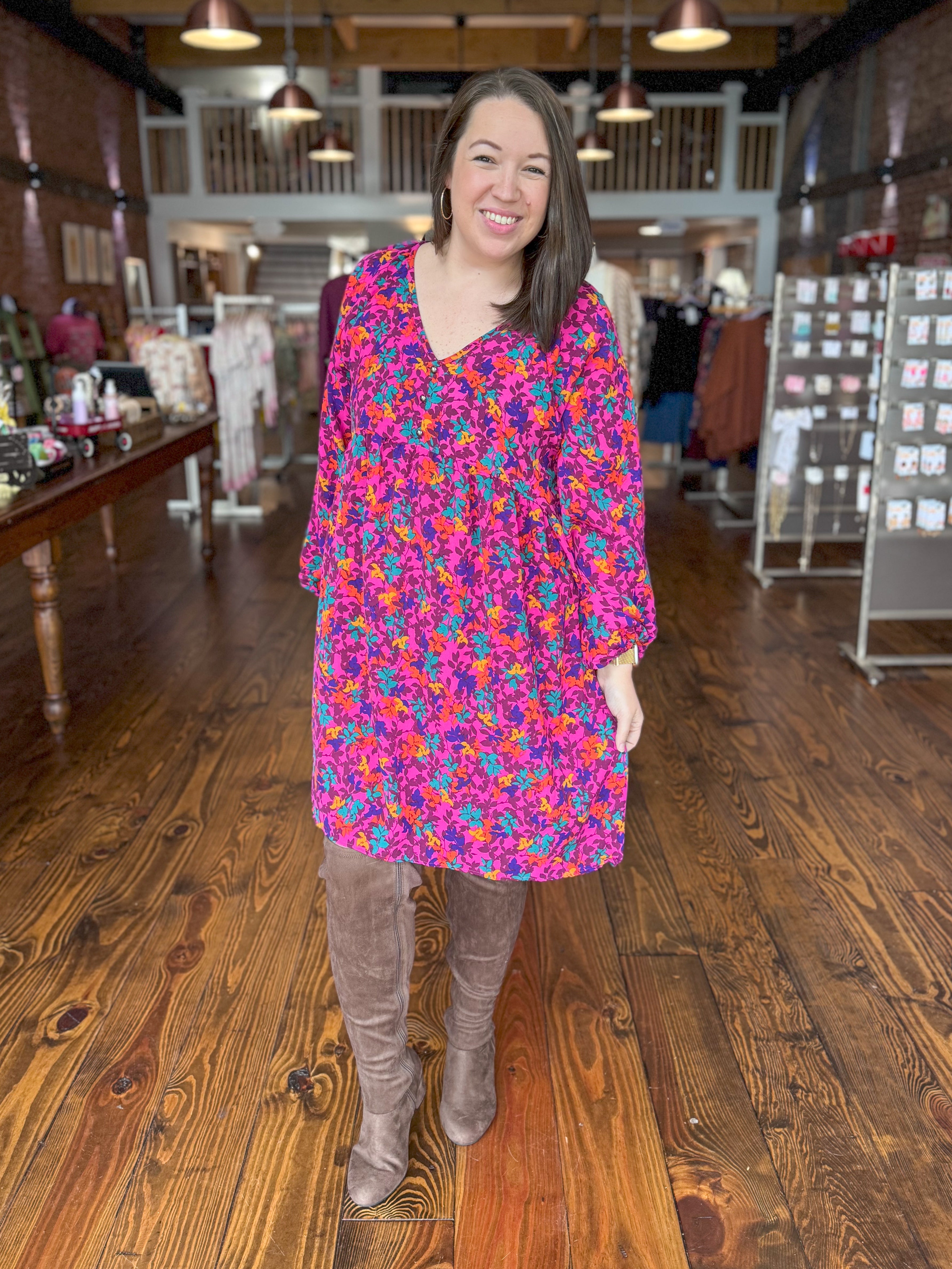 Magenta Leafy Floral Babydoll Dress