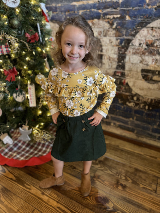 Girls Floral Top with Green Corduroy Skirt