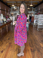 Magenta Leafy Floral Babydoll Dress